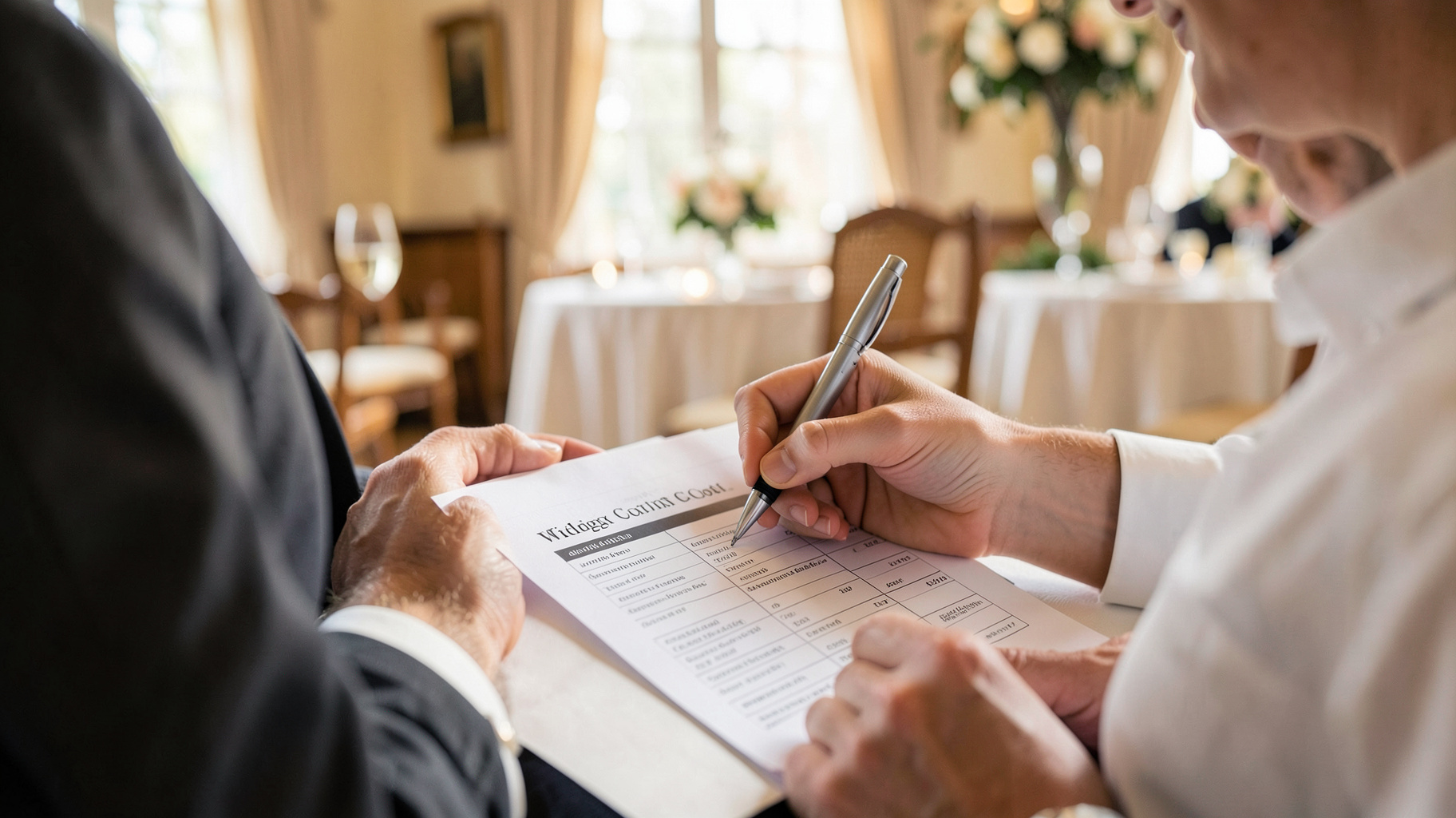 結婚式の見積書を確認しながら相談するカップルの手元