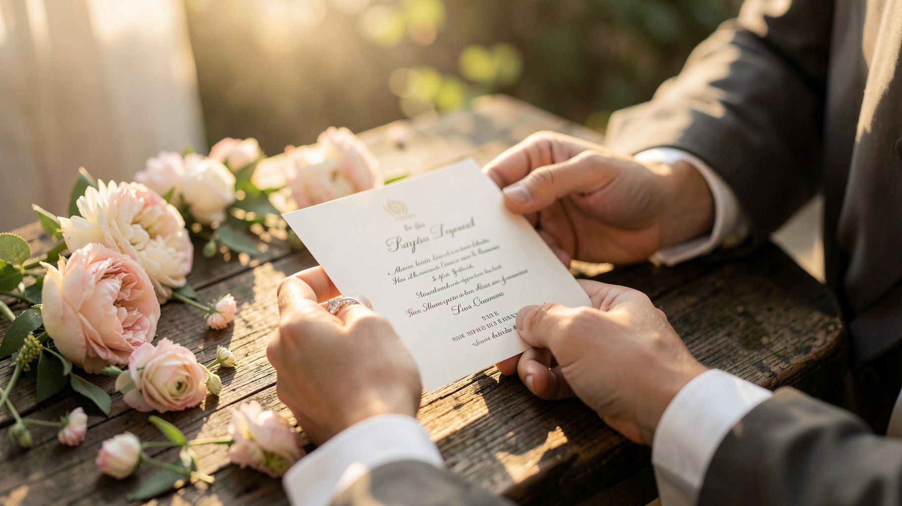 結婚指輪と招待状を手にするふたりの手元