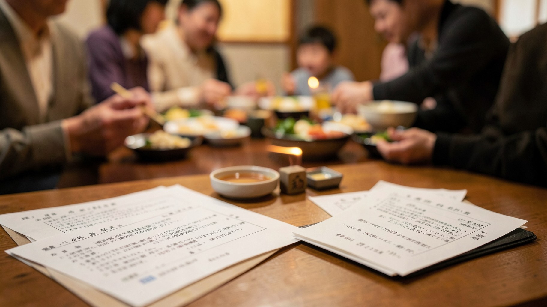 婚姻届の書類と印鑑、家族の食事会の様子